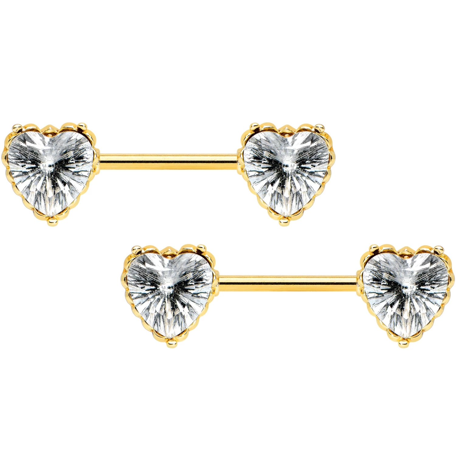 Gaby 14 Gauge 9/16 Clear CZ Gold Tone Heart Love Valentine Nipple Ring Set 1 Gaby 14 Gauge 9/16 Clear CZ Gold Tone Heart Love Valentine Nipple Ring Set