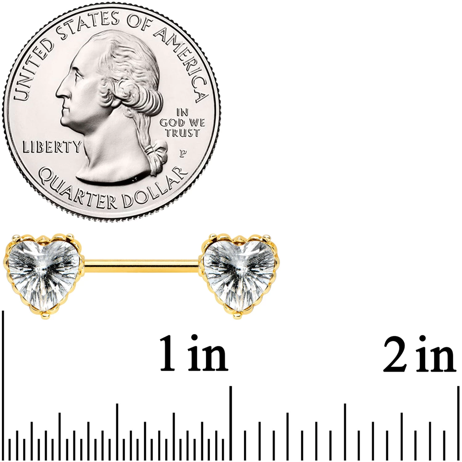 Gaby 14 Gauge 9/16 Clear CZ Gold Tone Heart Love Valentine Nipple Ring Set 2 Gaby 14 Gauge 9/16 Clear CZ Gold Tone Heart Love Valentine Nipple Ring Set - Image 2