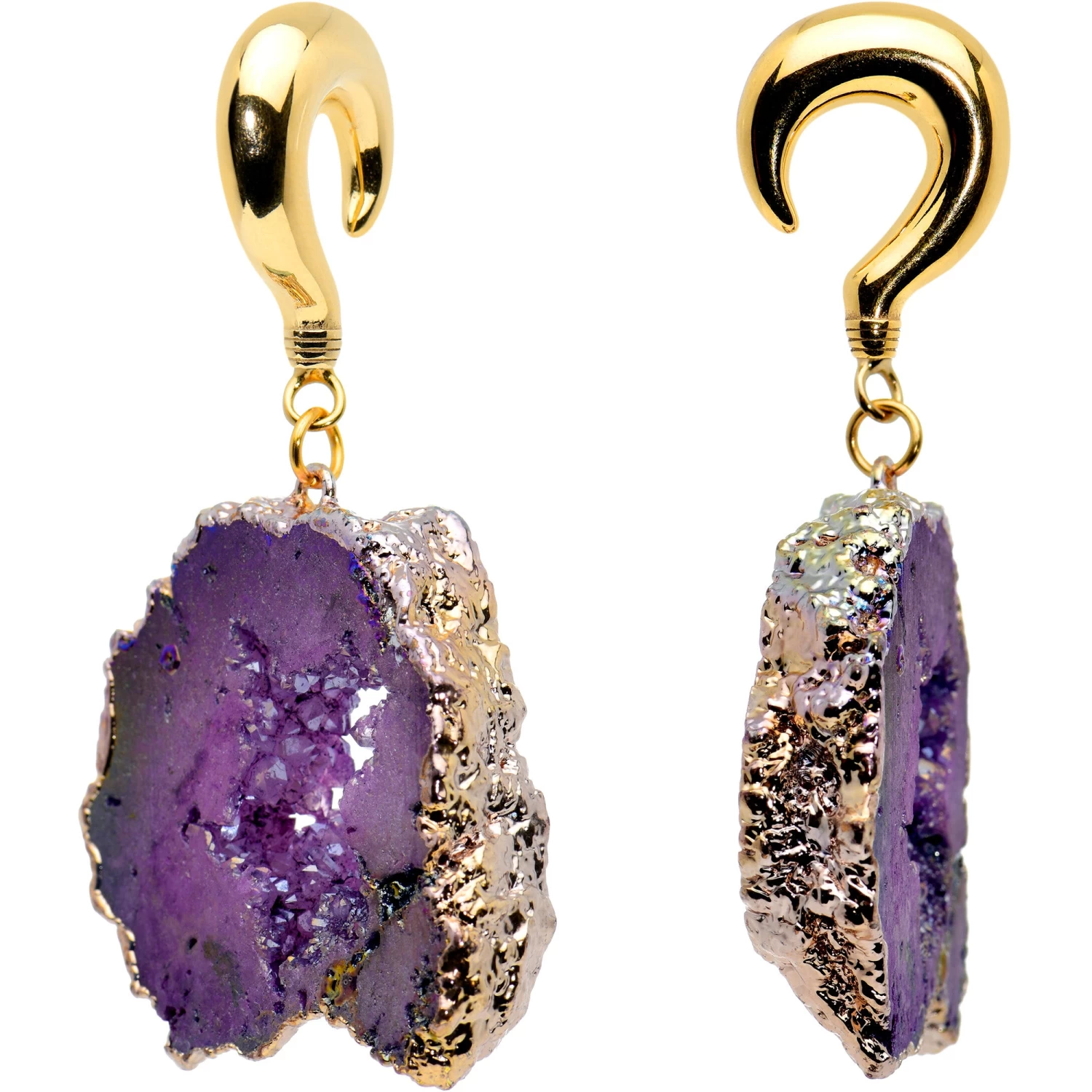 2 Gauge Gold Tone Purple Druzy Stone Curved Taper Ear Weights 2 2 Gauge Gold Tone Purple Druzy Stone Curved Taper Ear Weights - Image 2