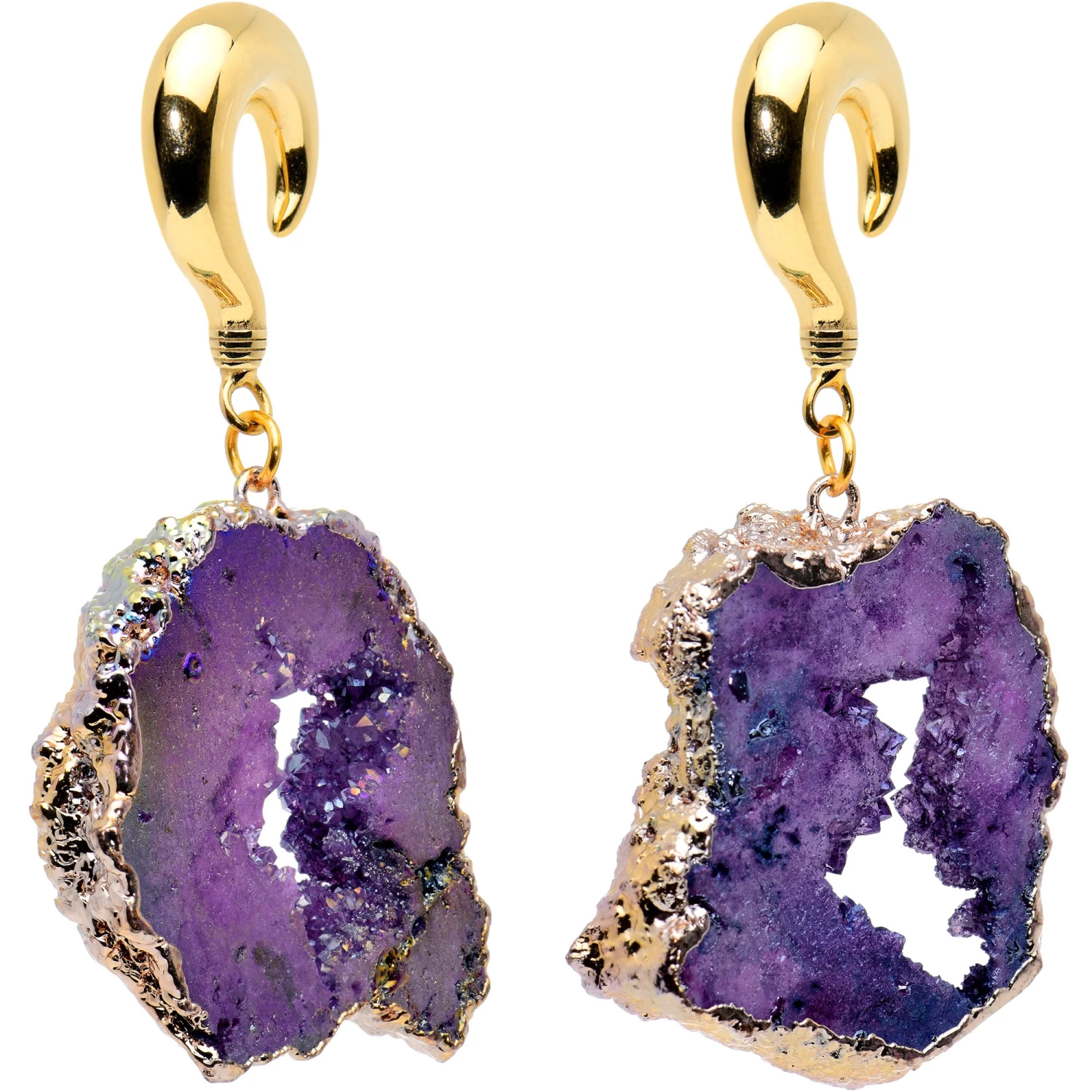2 Gauge Gold Tone Purple Druzy Stone Curved Taper Ear Weights 3 2 Gauge Gold Tone Purple Druzy Stone Curved Taper Ear Weights - Image 3