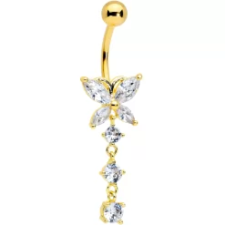 Gaby Clear CZ Gem Gold Tone Open Wing Butterfly Dangle Belly Ring