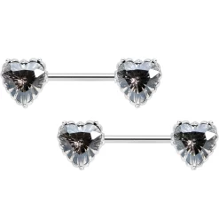 Gaby 14 Gauge 9/16 Grey CZ Gem Heart Valentines Day Nipple Ring Set