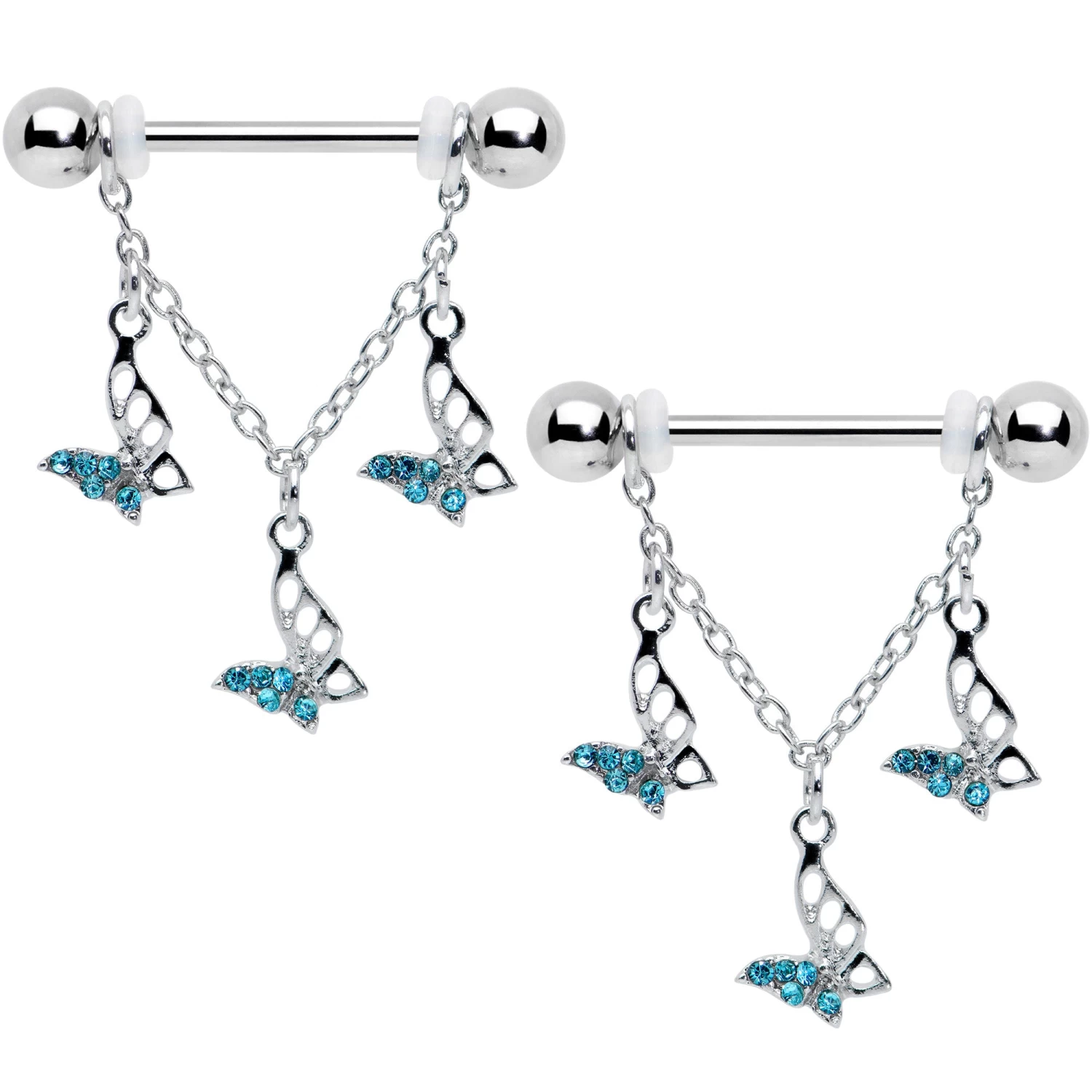 Gaby 14 Gauge 9/16 Blue Gem Open Butterfly Chain Dangle Nipple Ring Set 1 Gaby 14 Gauge 9/16 Blue Gem Open Butterfly Chain Dangle Nipple Ring Set