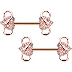 14 Gauge 1/2 Clear CZ Gem Rose Gold Hue Infinity Heart Nipple Ring Set