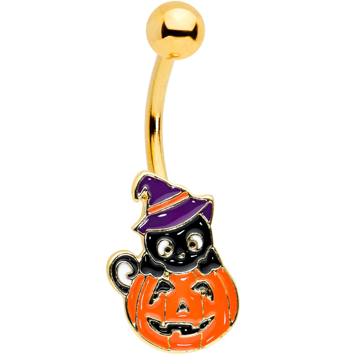 Gold Tone Black Cat Witch Pumpkin Halloween Belly Ring 1 Gold Tone Black Cat Witch Pumpkin Halloween Belly Ring