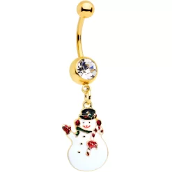 Clear Gem Gold Tone Winter Snowman Christmas Dangle Belly Ring