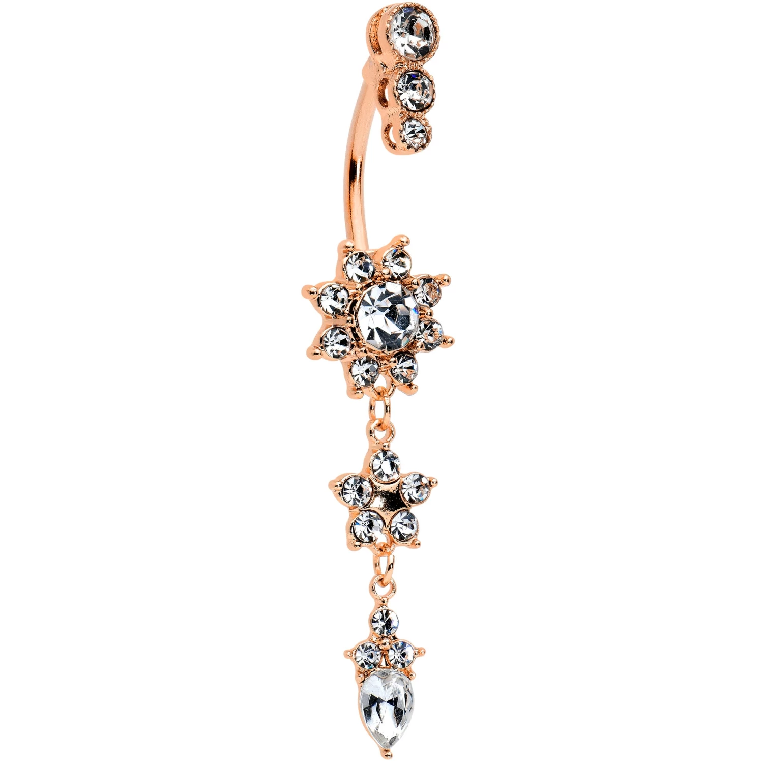Gaby Clear Gem Rose Gold Tone Trio Top Double Flower Drop Dangle Belly Ring 1 Gaby Clear Gem Rose Gold Tone Trio Top Double Flower Drop Dangle Belly Ring