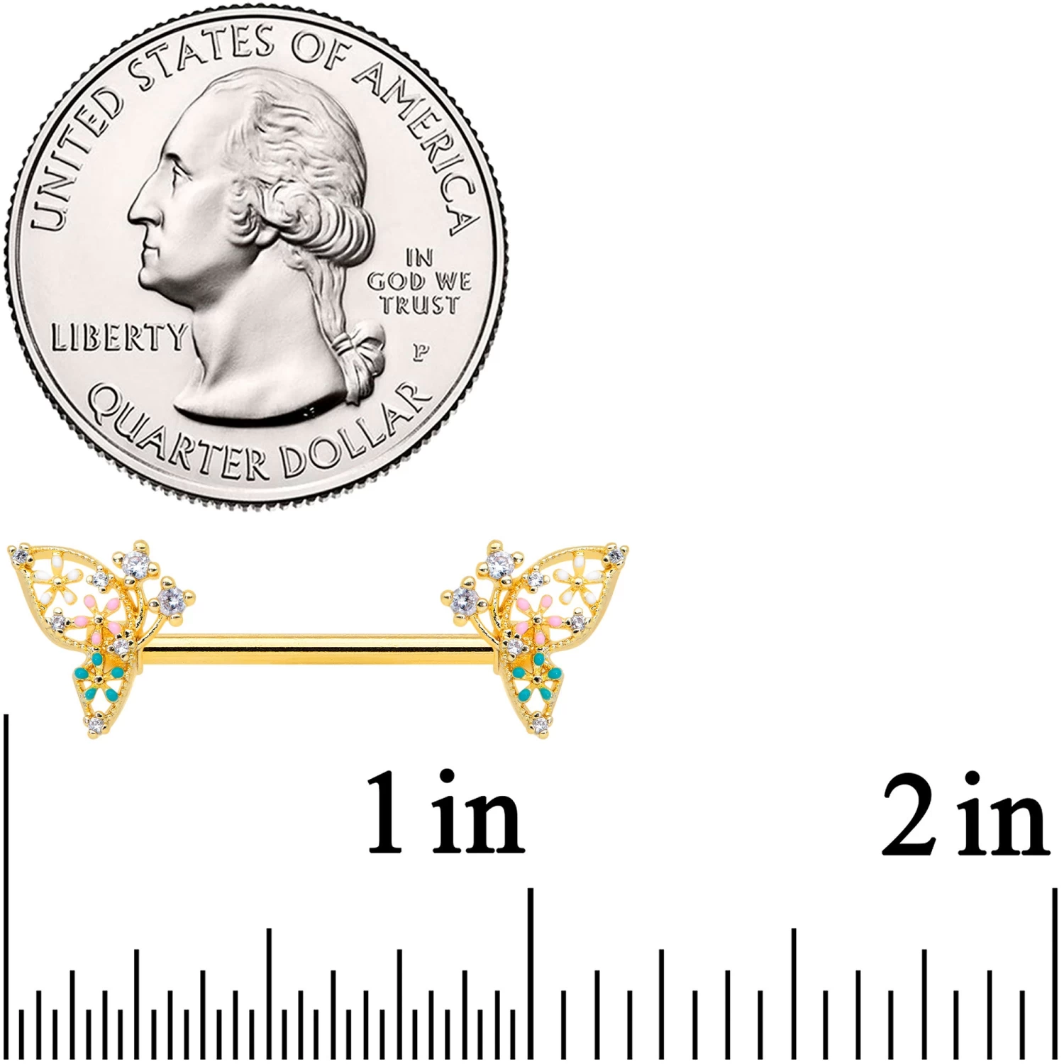 Gaby 14 Gauge 9/16 Clear CZ Gem Gold Hue Abstract Butterfly Nipple Ring Set 2 Gaby 14 Gauge 9/16 Clear CZ Gem Gold Hue Abstract Butterfly Nipple Ring Set - Image 2