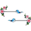 14 Gauge 9/16 Happy Blue Bird Pink Flowers Barbell Nipple Ring Set