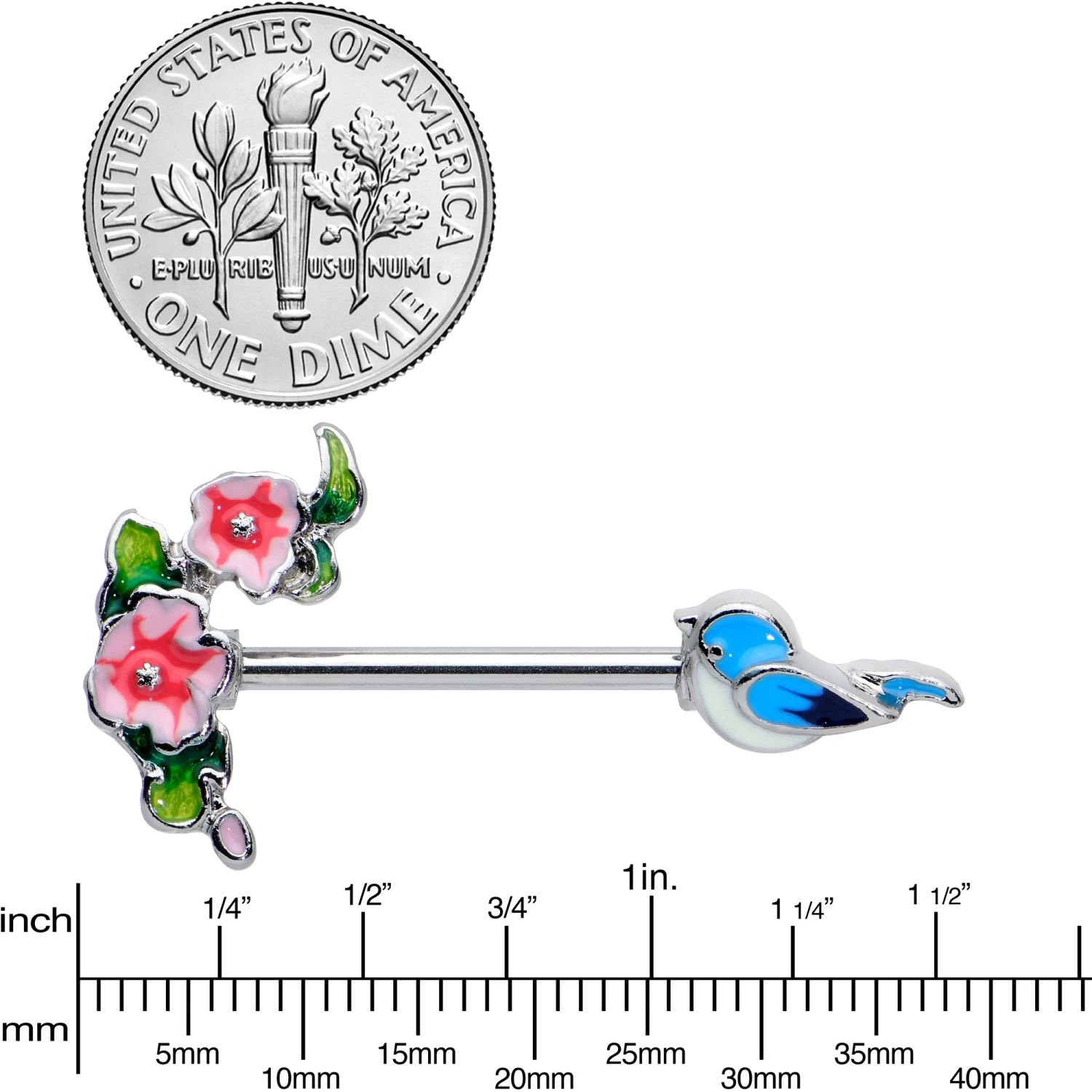 14 Gauge 9/16 Happy Blue Bird Pink Flowers Barbell Nipple Ring Set 3 14 Gauge 9/16 Happy Blue Bird Pink Flowers Barbell Nipple Ring Set - Image 3
