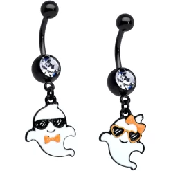 Clear Gem Black Date Night Ghosts Halloween Dangle Belly Ring Set Of 2