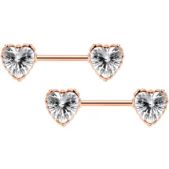 Gaby 14 Gauge 9/16 Grey CZ Gem Rose Gold Tone Heart Nipple Ring Set