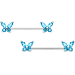 Gaby 14 Gauge 3/4 Blue CZ Gem Butterflies Barbell Nipple Ring Set