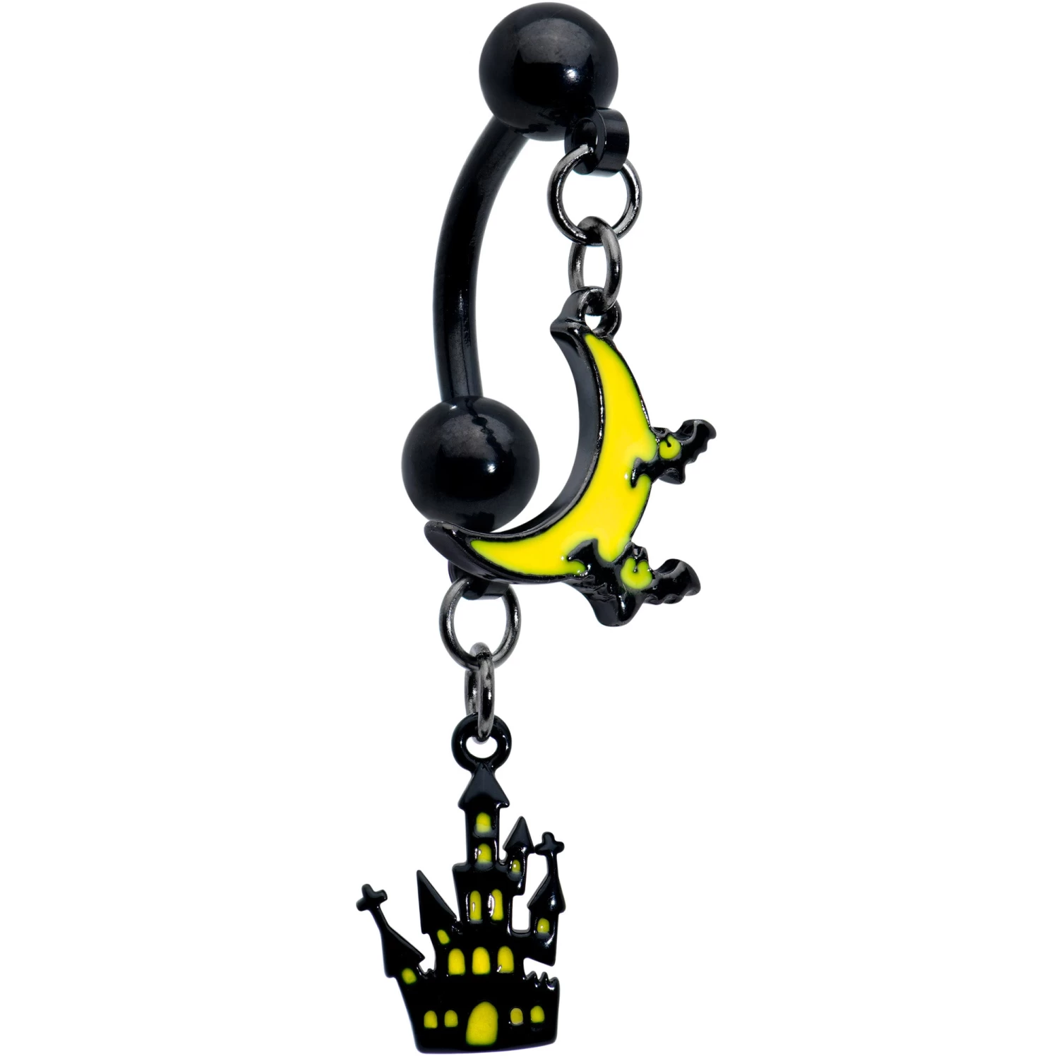 Gaby Black Batty Moon Haunted House Halloween Double Mount Belly Ring 1 Gaby Black Batty Moon Haunted House Halloween Double Mount Belly Ring