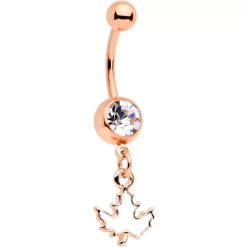 Clear Gem Rose Gold Tone Autumn White Maple Leaf Dangle Belly Ring