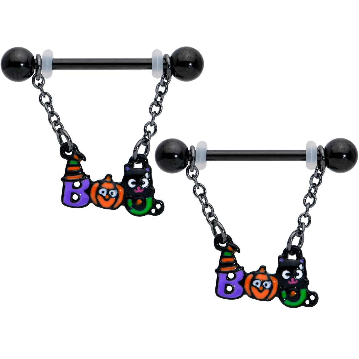 14 Gauge 5/8 Black Boo Party Halloween Chain Dangle Nipple Ring Set 1 14 Gauge 5/8 Black Boo Party Halloween Chain Dangle Nipple Ring Set
