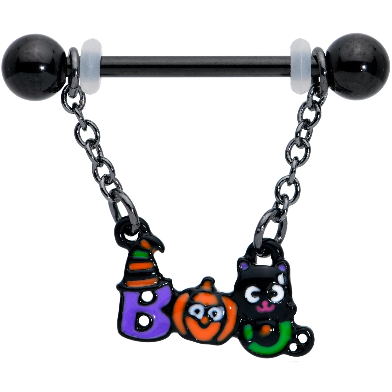 14 Gauge 5/8 Black Boo Party Halloween Chain Dangle Nipple Ring Set 2 14 Gauge 5/8 Black Boo Party Halloween Chain Dangle Nipple Ring Set - Image 2