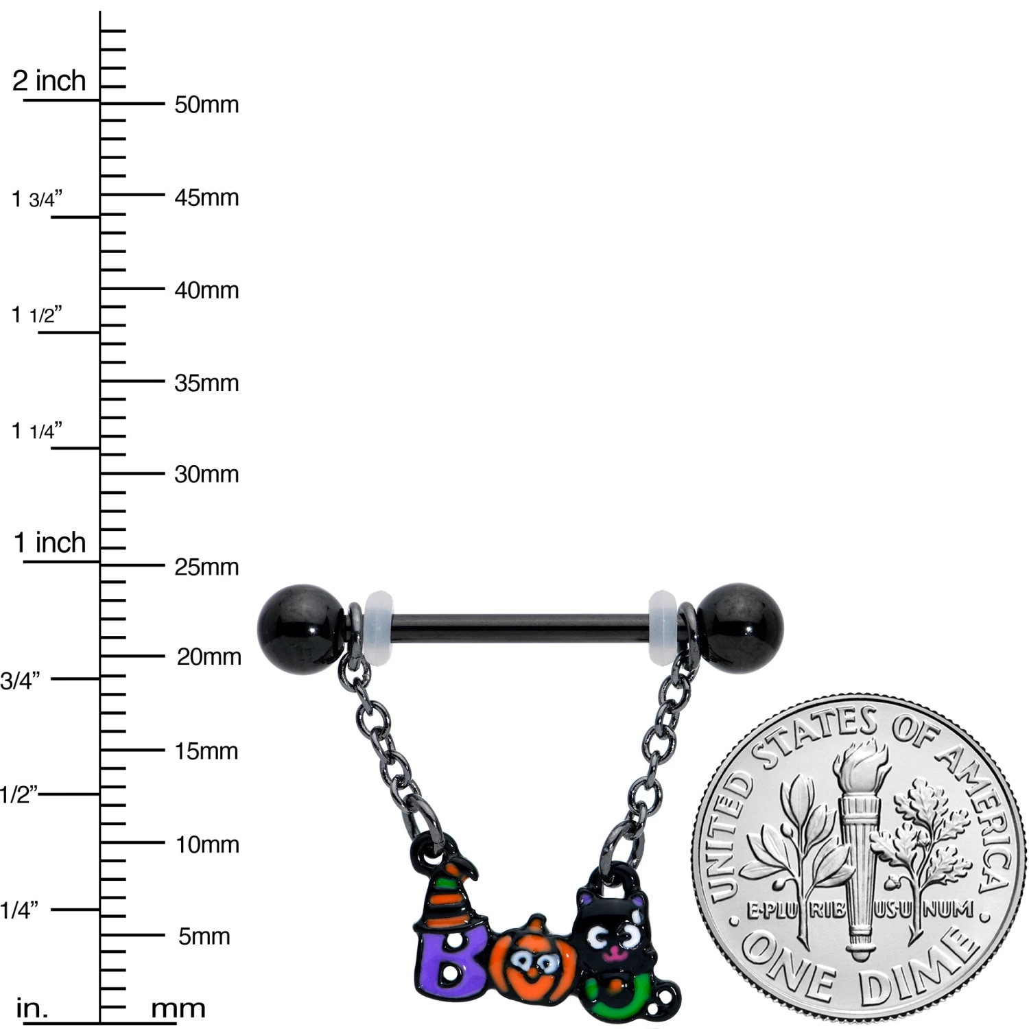 14 Gauge 5/8 Black Boo Party Halloween Chain Dangle Nipple Ring Set 3 14 Gauge 5/8 Black Boo Party Halloween Chain Dangle Nipple Ring Set - Image 3