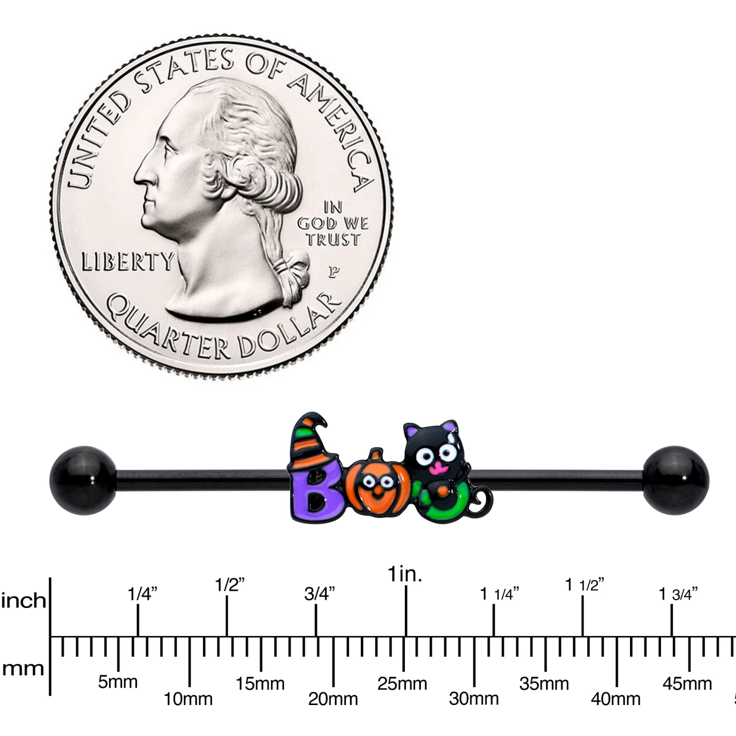 14 Gauge Black Boo Party Halloween Industrial Barbell 38mm 3 14 Gauge Black Boo Party Halloween Industrial Barbell 38mm - Image 3