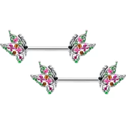 14 Gauge 1/2 Pink Gem Openwork Butterfly Barbell Nipple Ring Set