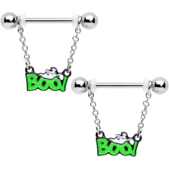 Gaby 14 Gauge 5/8 Green Boo Smile Ghost Halloween Dangle Nipple Ring Set