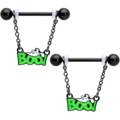 Gaby 14 Gauge 5/8 Black Green Boo Smile Ghost Chain Dangle Nipple Ring Set