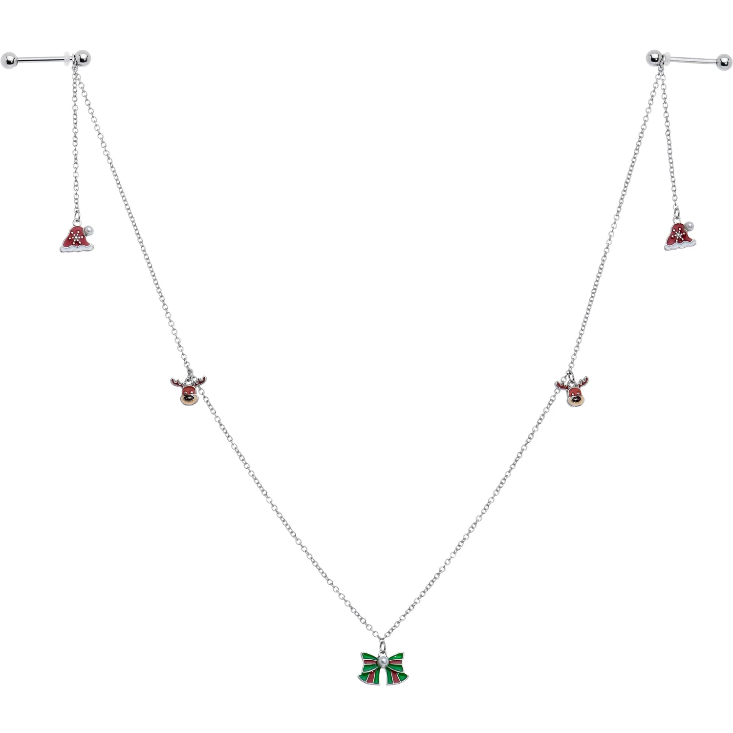 Gaby 14 Gauge 9/16 White Orb Santa Hat Christmas Barbell Nipple Chain Set 1 Gaby 14 Gauge 9/16 White Orb Santa Hat Christmas Barbell Nipple Chain Set