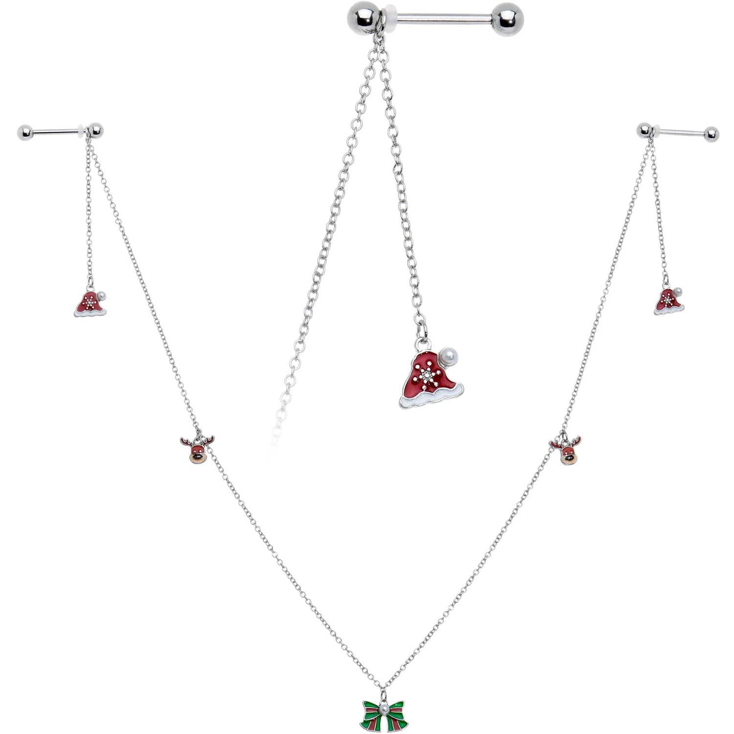 Gaby 14 Gauge 9/16 White Orb Santa Hat Christmas Barbell Nipple Chain Set 2 Gaby 14 Gauge 9/16 White Orb Santa Hat Christmas Barbell Nipple Chain Set - Image 2