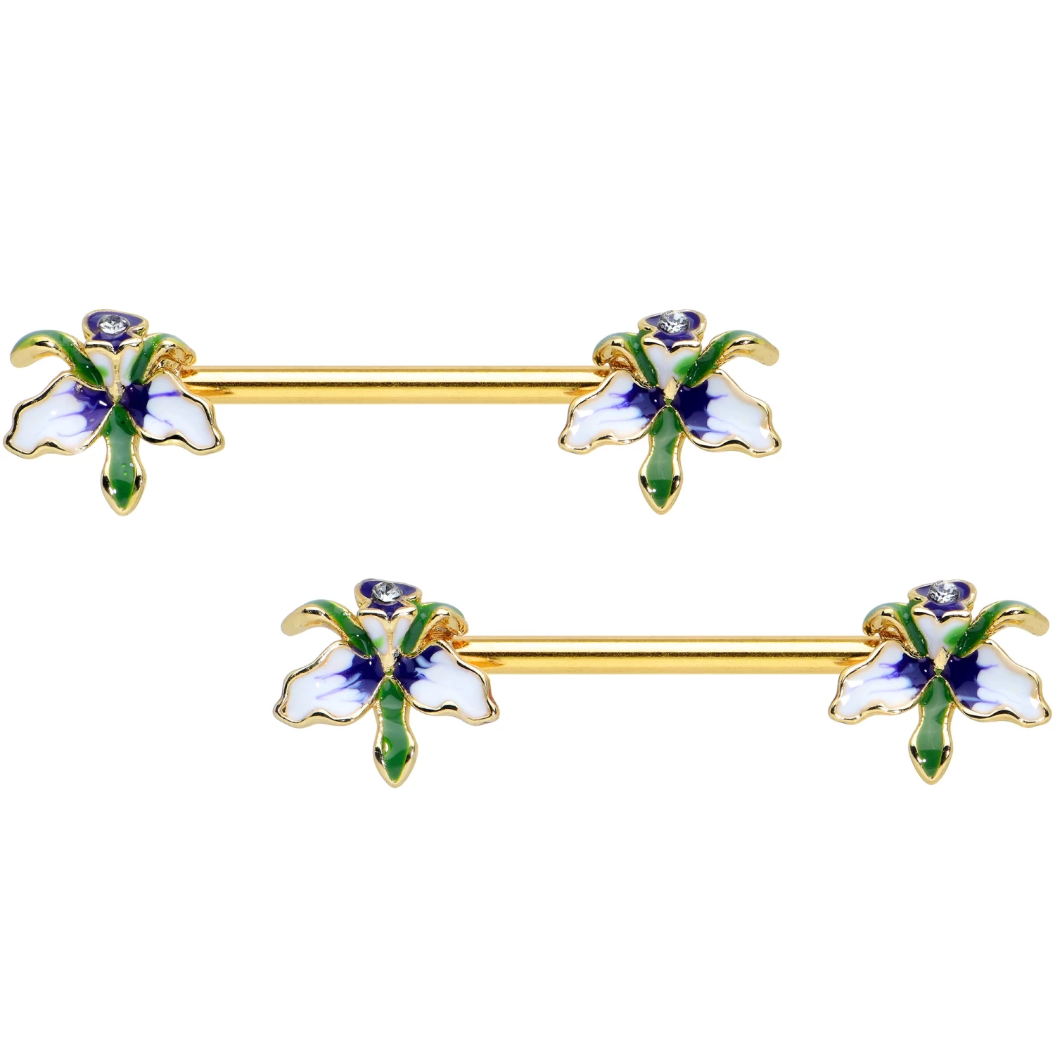 14 Gauge 9/16 Clear Gem Gold Tone Iris Flower Barbell Nipple Ring Set 1 14 Gauge 9/16 Clear Gem Gold Tone Iris Flower Barbell Nipple Ring Set