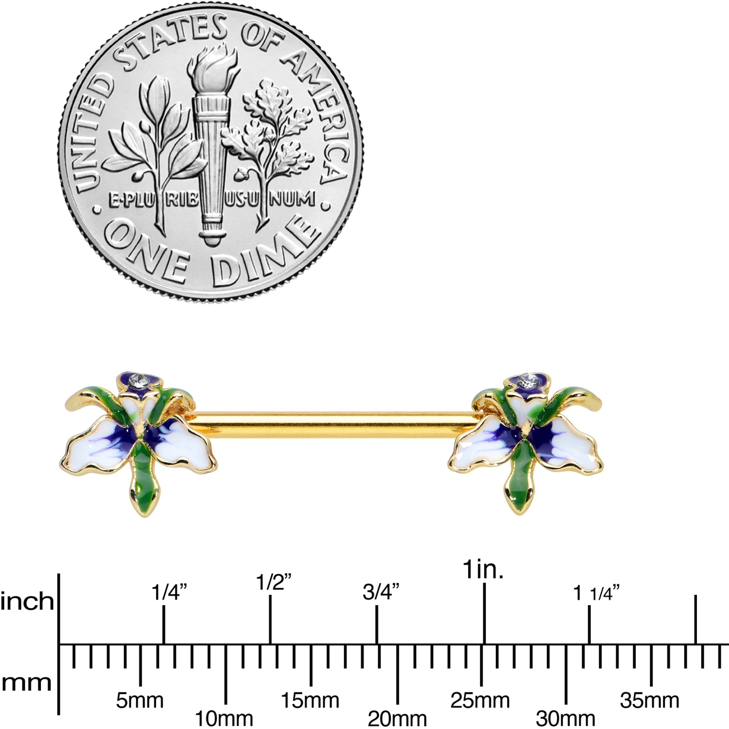 14 Gauge 9/16 Clear Gem Gold Tone Iris Flower Barbell Nipple Ring Set 3 14 Gauge 9/16 Clear Gem Gold Tone Iris Flower Barbell Nipple Ring Set - Image 3