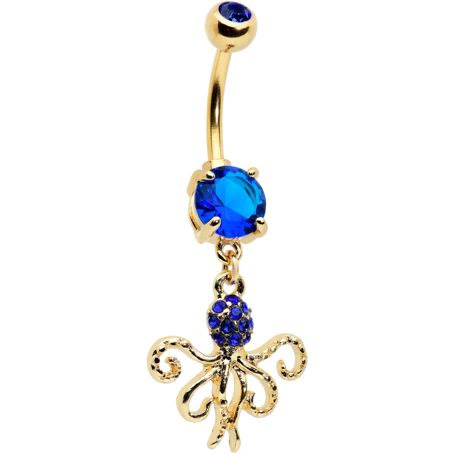 Blue Gem Gold Tone Textured Blue Octopus Dangle Belly Ring 1 Blue Gem Gold Tone Textured Blue Octopus Dangle Belly Ring