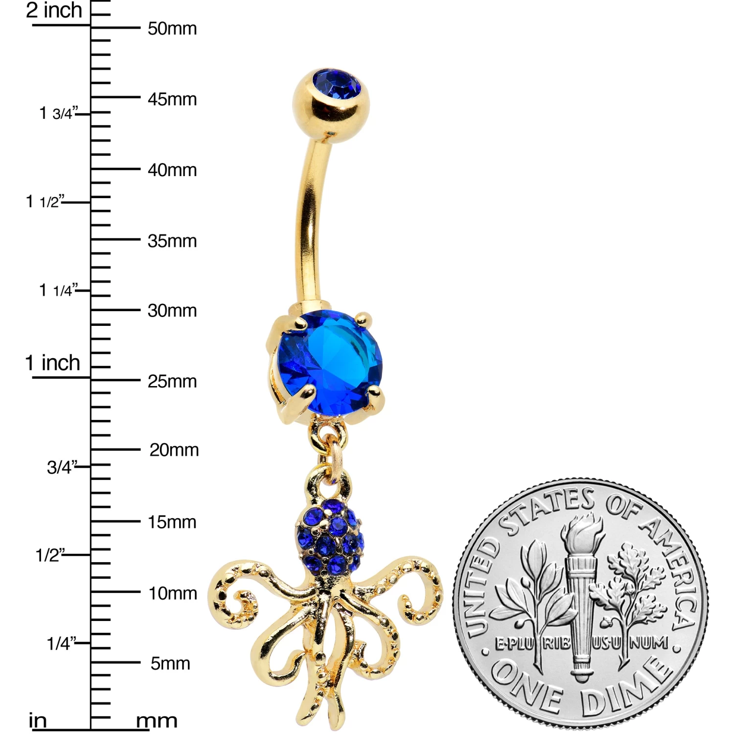 Blue Gem Gold Tone Textured Blue Octopus Dangle Belly Ring 2 Blue Gem Gold Tone Textured Blue Octopus Dangle Belly Ring - Image 2