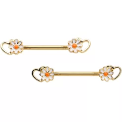 Gaby 14 Gauge 9/16 Gold Tone Daisy Flower Heart Barbell Nipple Ring Set