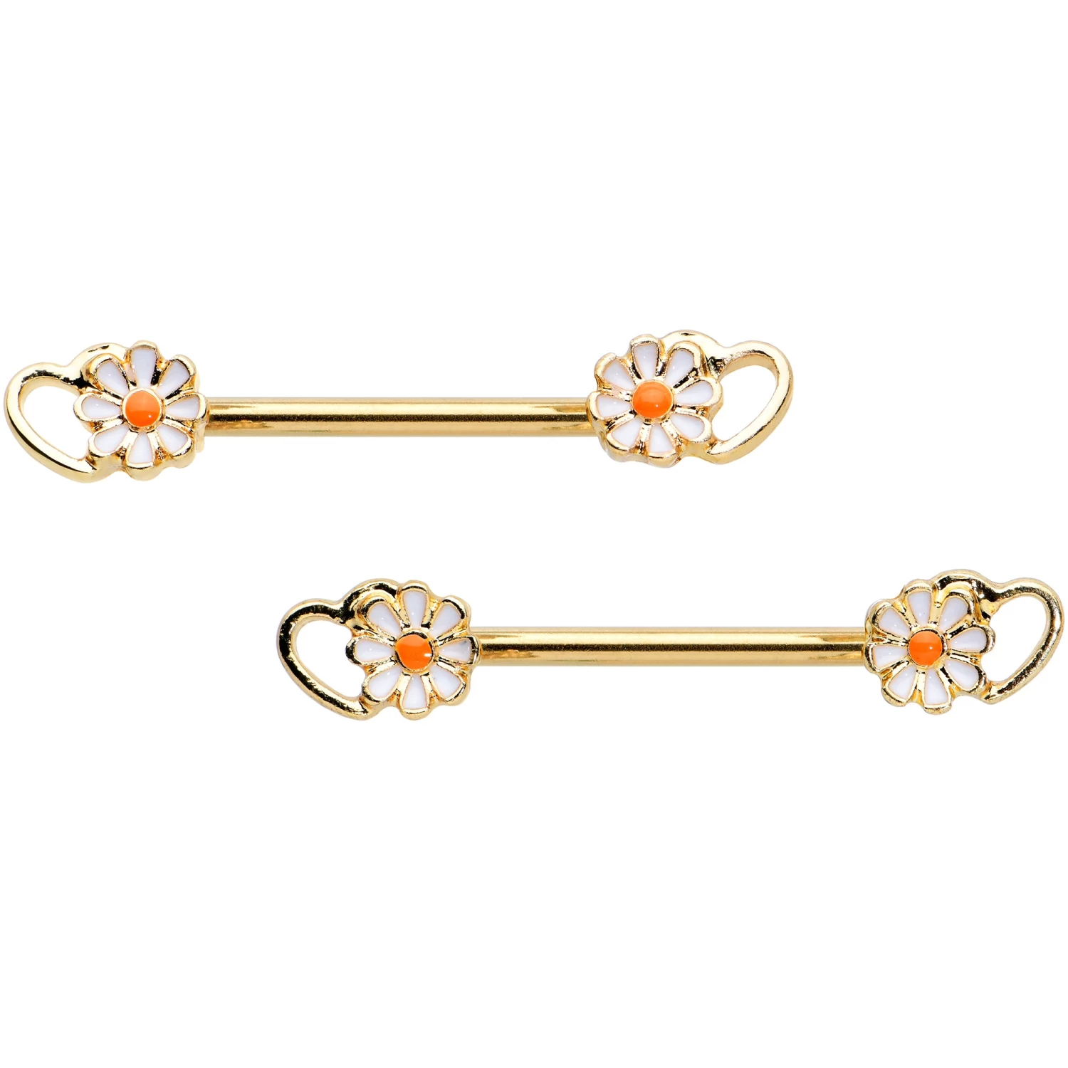 Gaby 14 Gauge 9/16 Gold Tone Daisy Flower Heart Barbell Nipple Ring Set 1 Gaby 14 Gauge 9/16 Gold Tone Daisy Flower Heart Barbell Nipple Ring Set