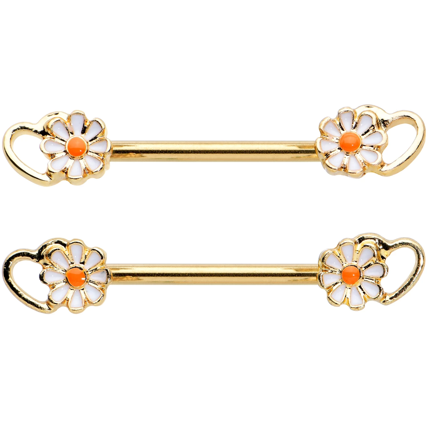 Gaby 14 Gauge 9/16 Gold Tone Daisy Flower Heart Barbell Nipple Ring Set 2 Gaby 14 Gauge 9/16 Gold Tone Daisy Flower Heart Barbell Nipple Ring Set - Image 2