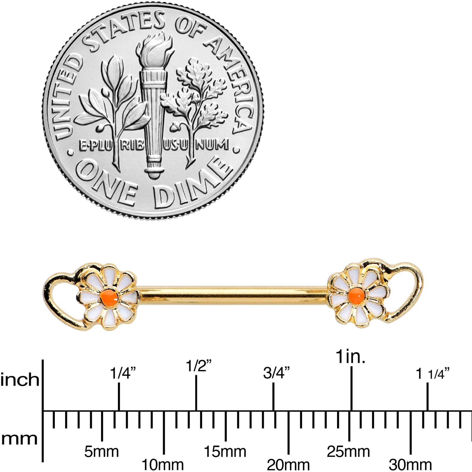 Gaby 14 Gauge 9/16 Gold Tone Daisy Flower Heart Barbell Nipple Ring Set 3 Gaby 14 Gauge 9/16 Gold Tone Daisy Flower Heart Barbell Nipple Ring Set - Image 3