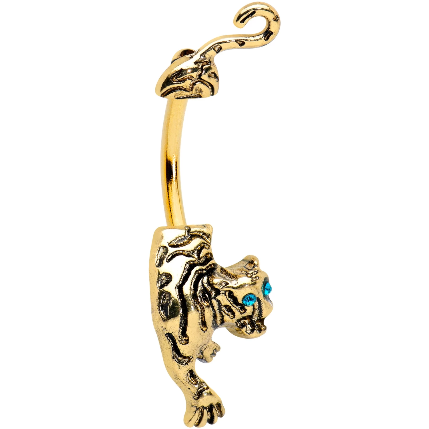 Gaby Blue Gem Gold Tone Prowling Tiger Double Mount Belly Ring 1 Gaby Blue Gem Gold Tone Prowling Tiger Double Mount Belly Ring