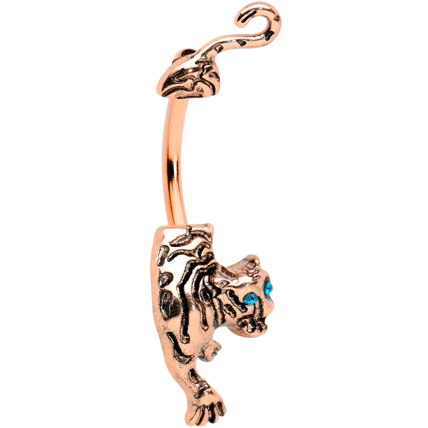 Gaby Blue Gem Rose Gold Tone Prowling Tiger Double Mount Belly Ring 1 Gaby Blue Gem Rose Gold Tone Prowling Tiger Double Mount Belly Ring