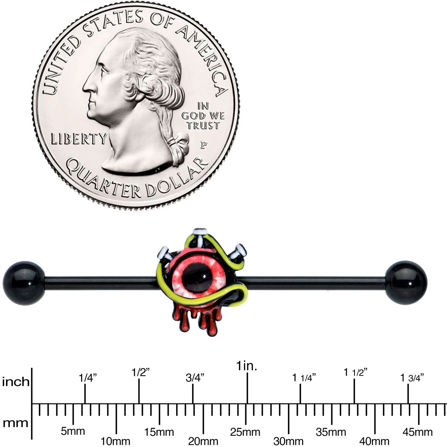 14 Gauge Black Spiky Eyeball Halloween Industrial Barbell 38mm 3 14 Gauge Black Spiky Eyeball Halloween Industrial Barbell 38mm - Image 3