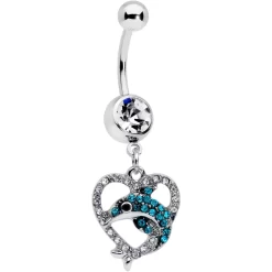 Clear Blue Gem Dolphin Heart Dangle Belly Ring