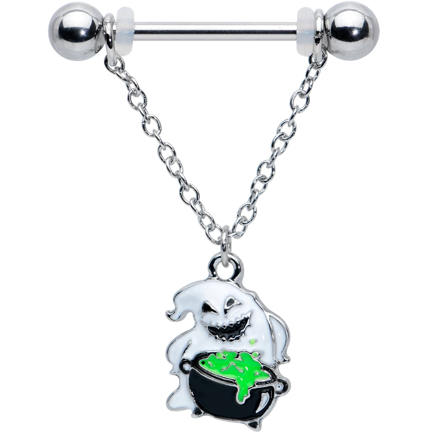 Gaby 14 Gauge 5/8 Ghost Goo Cauldron Halloween Chain Dangle Nipple Ring Set 2 Gaby 14 Gauge 5/8 Ghost Goo Cauldron Halloween Chain Dangle Nipple Ring Set - Image 2