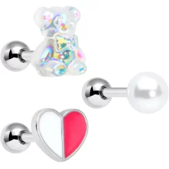 Gaby 16 Gauge 1/4 Bear Pearlescent Striped Heart Cartilage Tragus Set Of 3