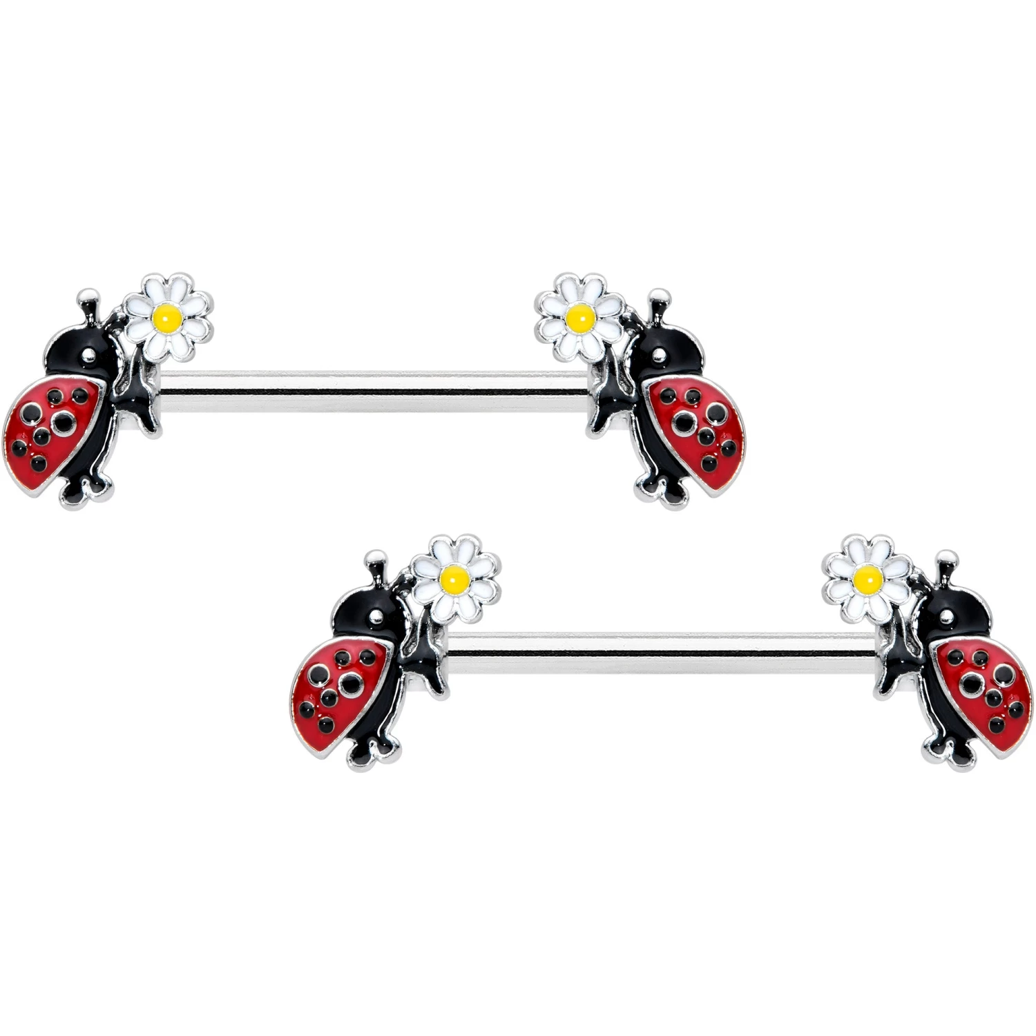 Gaby 14 Gauge 1/2 Ladybug Daisy Flower Barbell Nipple Ring Set 1 Gaby 14 Gauge 1/2 Ladybug Daisy Flower Barbell Nipple Ring Set
