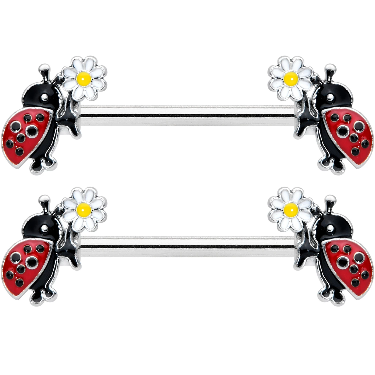 Gaby 14 Gauge 1/2 Ladybug Daisy Flower Barbell Nipple Ring Set 2 Gaby 14 Gauge 1/2 Ladybug Daisy Flower Barbell Nipple Ring Set - Image 2