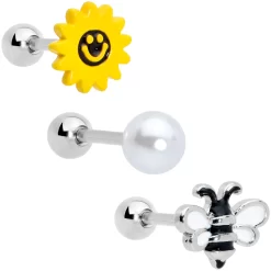 Gaby 16 Gauge 1/4 Bee Smile Flower Pearlescent Cartilage Tragus Set Of 3