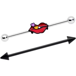 Gaby 14 Gauge Black Cone End Lips Heart Industrial Barbell 38mm Set Of 2