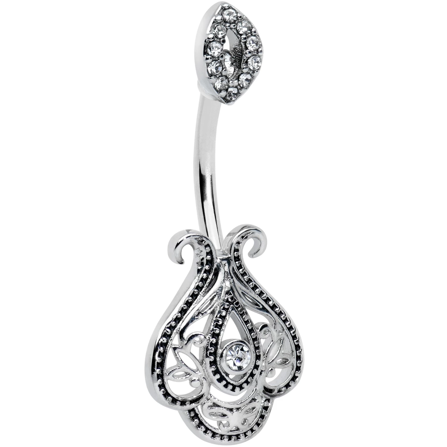 Clear Gem Art Deco Oval Scrollwork Double Mount Belly Ring 1 Clear Gem Art Deco Oval Scrollwork Double Mount Belly Ring