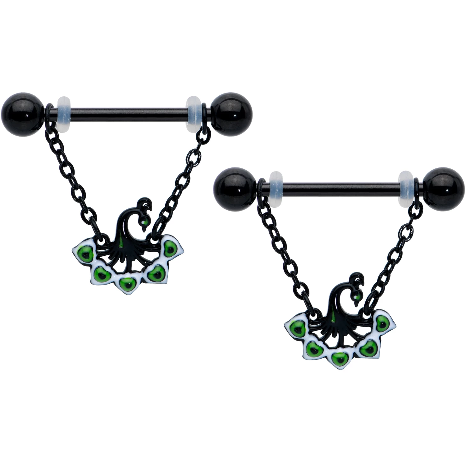 14 Gauge 11/16 Black Green Peacock Dangle Barbell Nipple Ring Set 1 14 Gauge 11/16 Black Green Peacock Dangle Barbell Nipple Ring Set