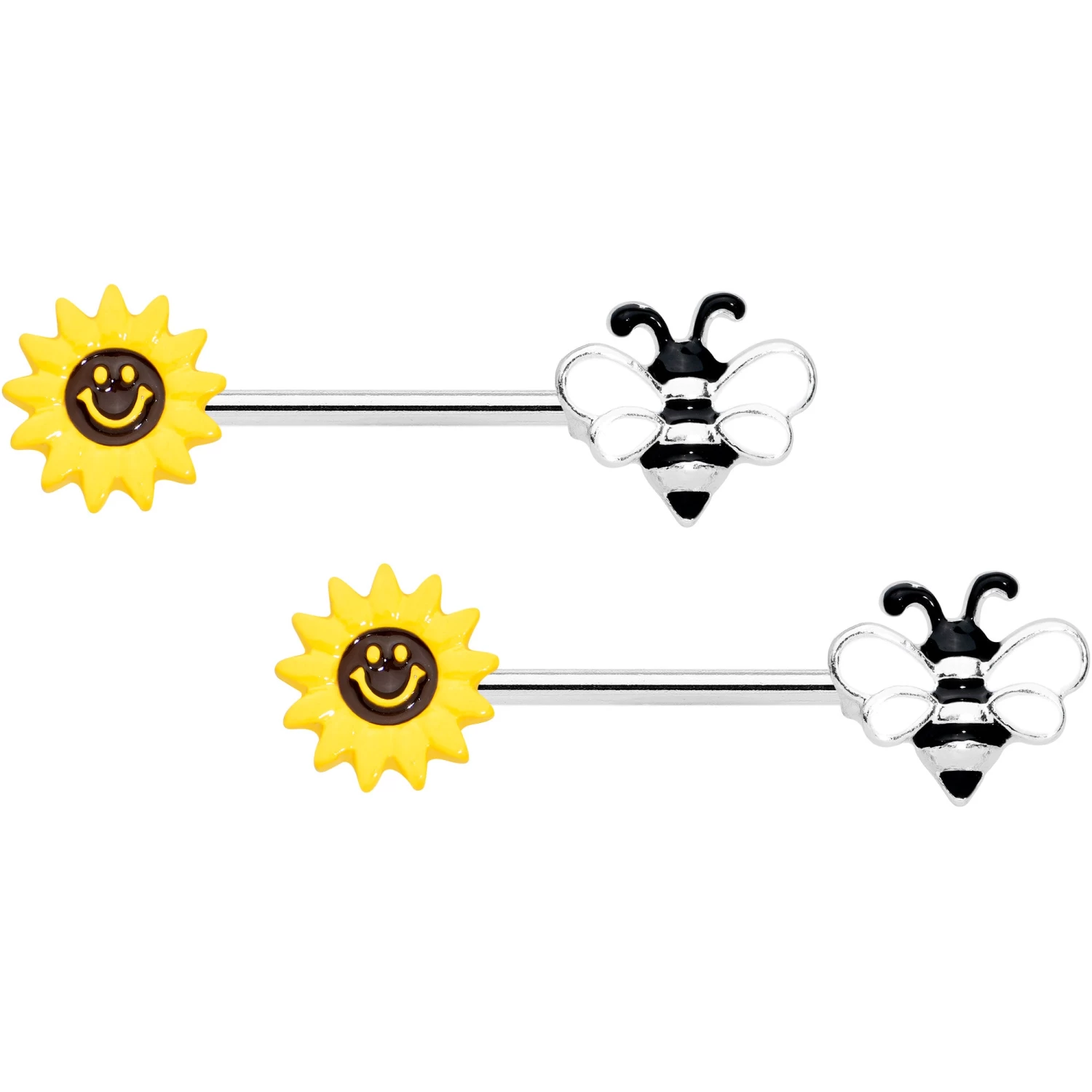 Gaby 14 Gauge 9/16 Bee Smiley Sunflower Barbell Nipple Ring Set 1 Gaby 14 Gauge 9/16 Bee Smiley Sunflower Barbell Nipple Ring Set