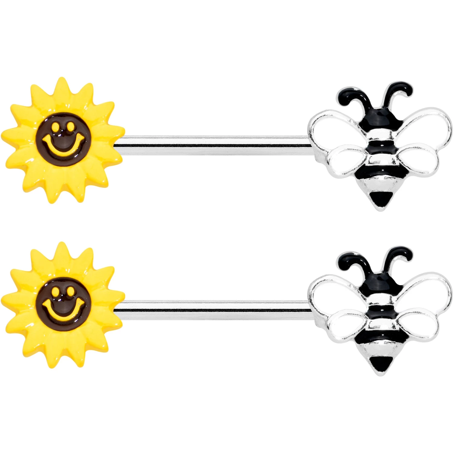 Gaby 14 Gauge 9/16 Bee Smiley Sunflower Barbell Nipple Ring Set 2 Gaby 14 Gauge 9/16 Bee Smiley Sunflower Barbell Nipple Ring Set - Image 2